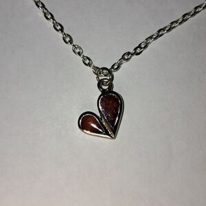 Small Reddish-Brown Pink Enamel Heart Pendant w/ Silvertone Chain